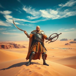 A formidable medieval desert war general standing confidently on a sandy dune, adorned in ornate, lightweight armor suited for the arid environment