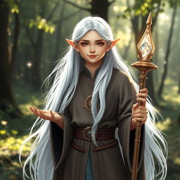 A young semi-elf cleric with long flowing white hair, wearing intricate robes adorned with celestial symbols