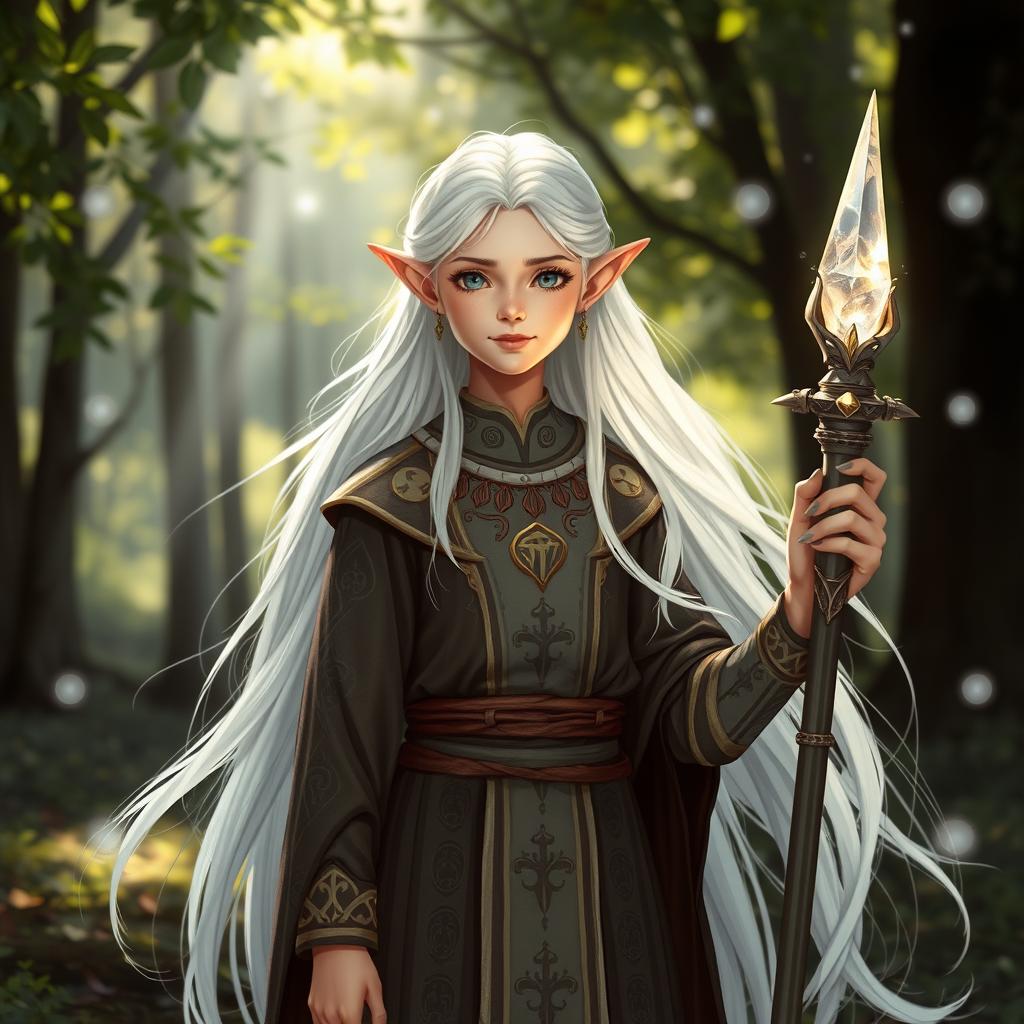 A young semi-elf cleric with long flowing white hair, wearing intricate robes adorned with celestial symbols