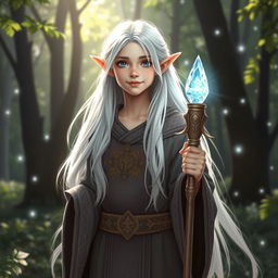 A young semi-elf cleric with long flowing white hair, wearing intricate robes adorned with celestial symbols