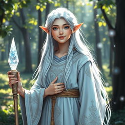 A young semi-elf cleric with long flowing white hair, wearing intricate robes adorned with celestial symbols