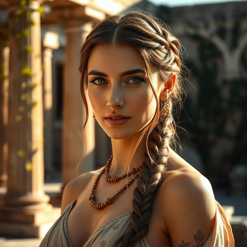 A beautiful ancient woman with intricate braids and traditional jewelry, featuring delicate details like floral patterns on her clothing