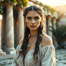 A beautiful ancient woman with intricate braids and traditional jewelry, featuring delicate details like floral patterns on her clothing