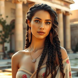 A beautiful ancient woman with intricate braids and traditional jewelry, featuring delicate details like floral patterns on her clothing