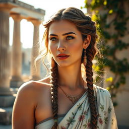 A beautiful ancient woman with intricate braids and traditional jewelry, featuring delicate details like floral patterns on her clothing