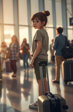 A melancholic scene depicting a young girl standing at an airport, holding a suitcase, with tears in her eyes as she looks back at her family