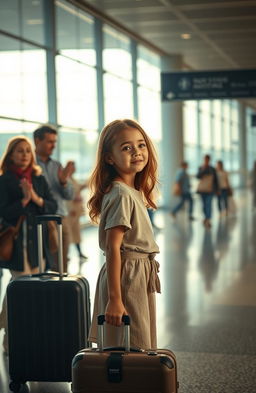 A melancholic scene depicting a young girl standing at an airport, holding a suitcase, with tears in her eyes as she looks back at her family