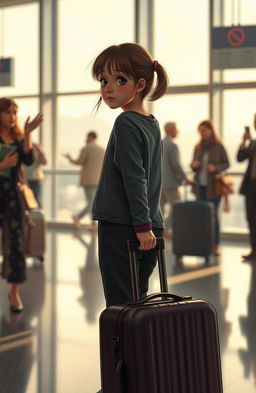 A melancholic scene depicting a young girl standing at an airport, holding a suitcase, with tears in her eyes as she looks back at her family