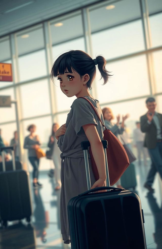 A melancholic scene depicting a young girl standing at an airport, holding a suitcase, with tears in her eyes as she looks back at her family