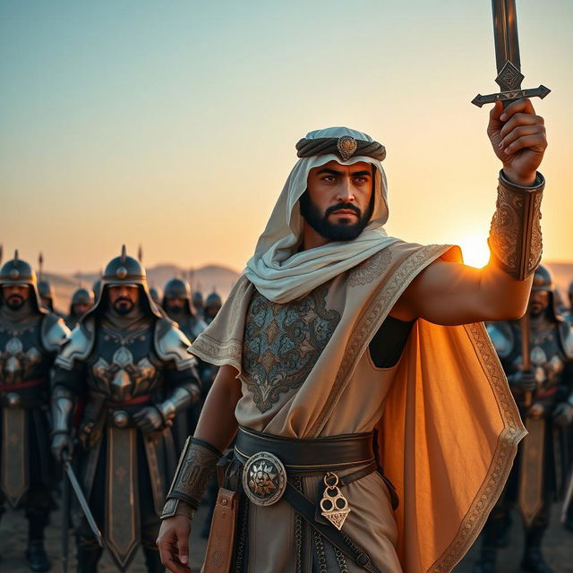An Arabian warrior standing heroically, dressed in ornate traditional attire featuring intricate designs, a flowing cape, and holding a gleaming sword aloft