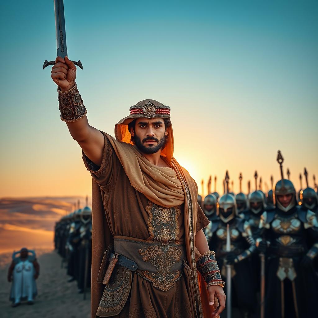 An Arabian warrior standing heroically, dressed in ornate traditional attire featuring intricate designs, a flowing cape, and holding a gleaming sword aloft
