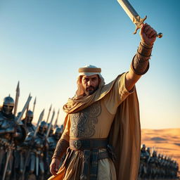 An Arabian warrior standing heroically, dressed in ornate traditional attire featuring intricate designs, a flowing cape, and holding a gleaming sword aloft