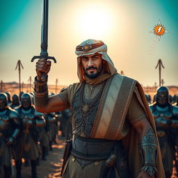 An Arabian warrior standing heroically, dressed in ornate traditional attire featuring intricate designs, a flowing cape, and holding a gleaming sword aloft
