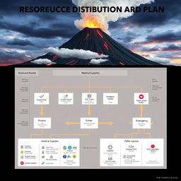 A detailed resource distribution plan during a volcanic eruption, showcasing a large diagram or flowchart