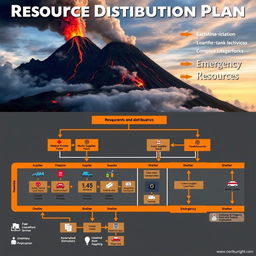 A detailed resource distribution plan during a volcanic eruption, showcasing a large diagram or flowchart
