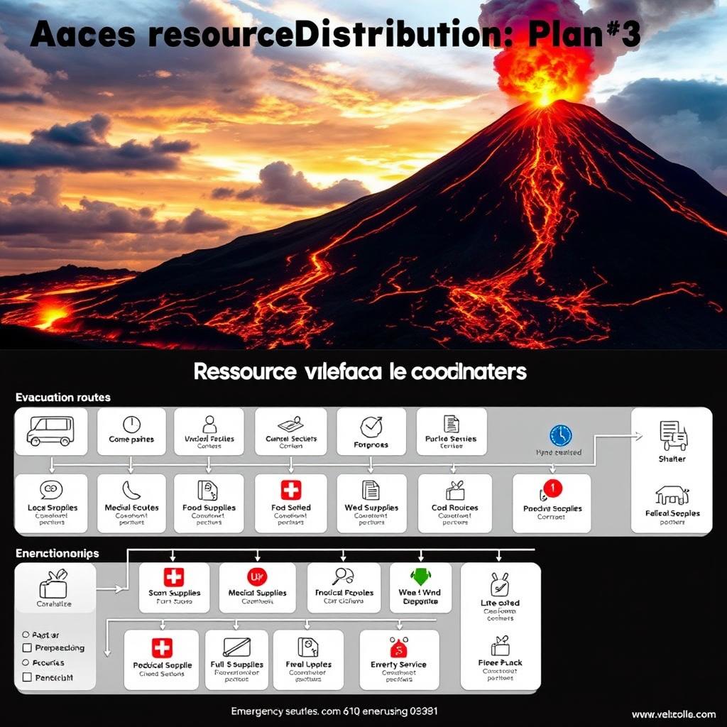 A detailed resource distribution plan during a volcanic eruption, showcasing a large diagram or flowchart