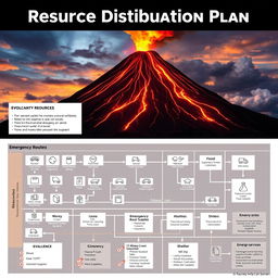 A detailed resource distribution plan during a volcanic eruption, showcasing a large diagram or flowchart