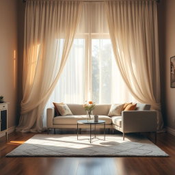 A cozy interior scene showcasing a beautifully decorated living room with a stylish couch, a soft rug on the wooden floor, and a large window in the back adorned with flowing, elegant curtains