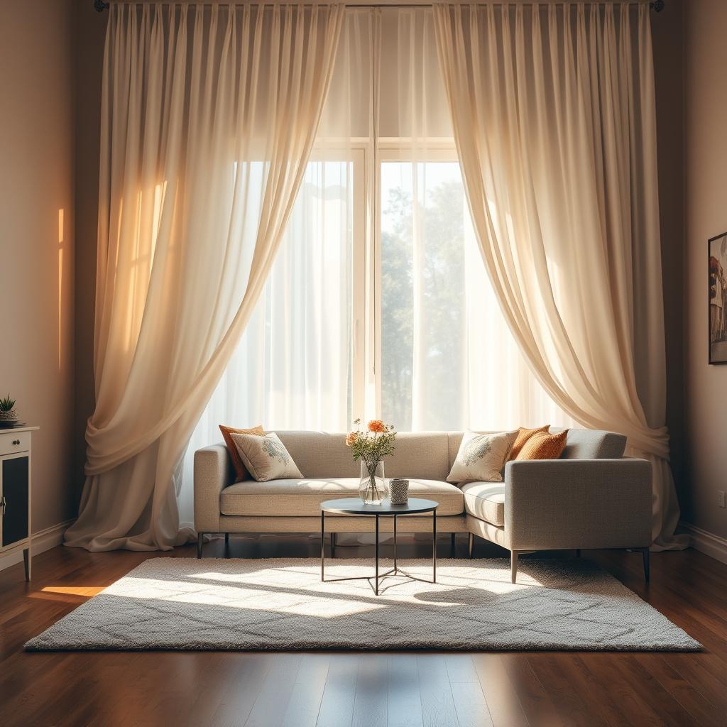 A cozy interior scene showcasing a beautifully decorated living room with a stylish couch, a soft rug on the wooden floor, and a large window in the back adorned with flowing, elegant curtains