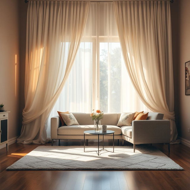 A cozy interior scene showcasing a beautifully decorated living room with a stylish couch, a soft rug on the wooden floor, and a large window in the back adorned with flowing, elegant curtains