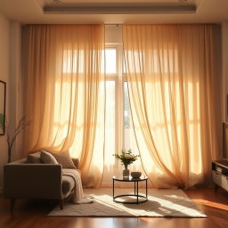 A cozy interior scene showcasing a beautifully decorated living room with a stylish couch, a soft rug on the wooden floor, and a large window in the back adorned with flowing, elegant curtains