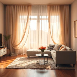 A cozy interior scene showcasing a beautifully decorated living room with a stylish couch, a soft rug on the wooden floor, and a large window in the back adorned with flowing, elegant curtains