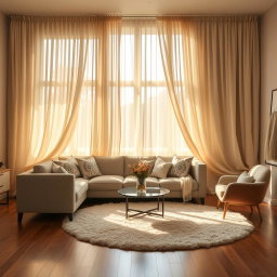 A cozy interior scene showcasing a beautifully decorated living room with a stylish couch, a soft rug on the wooden floor, and a large window in the back adorned with flowing, elegant curtains