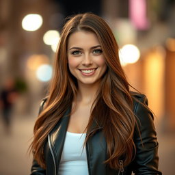 A stunning portrait of a confident young woman with long, flowing brown hair and expressive green eyes, smiling warmly