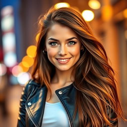 A stunning portrait of a confident young woman with long, flowing brown hair and expressive green eyes, smiling warmly