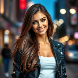 A stunning portrait of a confident young woman with long, flowing brown hair and expressive green eyes, smiling warmly