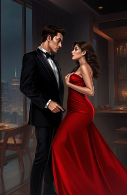 A romantic yet thrilling scene depicting a secret agent and their love interest in a glamorous and mysterious setting