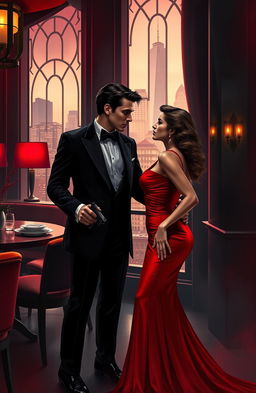 A romantic yet thrilling scene depicting a secret agent and their love interest in a glamorous and mysterious setting