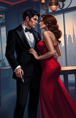 A romantic yet thrilling scene depicting a secret agent and their love interest in a glamorous and mysterious setting