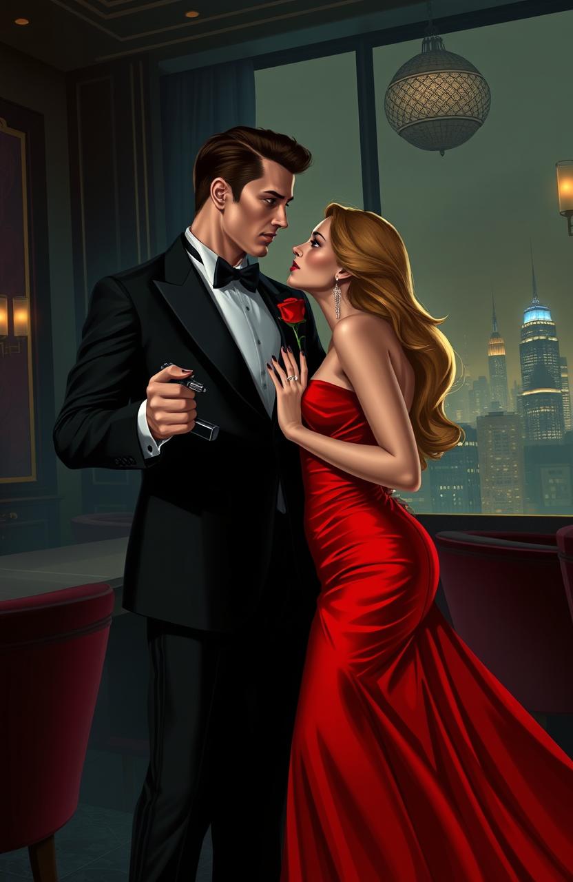A romantic yet thrilling scene depicting a secret agent and their love interest in a glamorous and mysterious setting