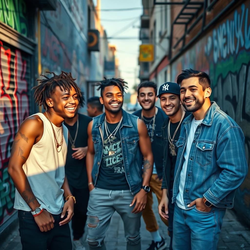 A dynamic street scene featuring a group of young men in casual urban wear, showcasing a sense of camaraderie and confidence