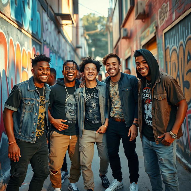 A dynamic street scene featuring a group of young men in casual urban wear, showcasing a sense of camaraderie and confidence