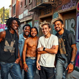A dynamic street scene featuring a group of young men in casual urban wear, showcasing a sense of camaraderie and confidence