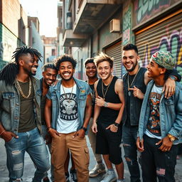 A dynamic street scene featuring a group of young men in casual urban wear, showcasing a sense of camaraderie and confidence