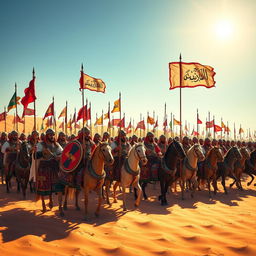 A large Arabian army arrayed in a stunning display of strength, featuring soldiers on horseback and foot, all dressed in intricately designed traditional attire with vibrant colors