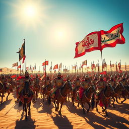 A large Arabian army arrayed in a stunning display of strength, featuring soldiers on horseback and foot, all dressed in intricately designed traditional attire with vibrant colors