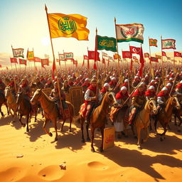 A large Arabian army arrayed in a stunning display of strength, featuring soldiers on horseback and foot, all dressed in intricately designed traditional attire with vibrant colors