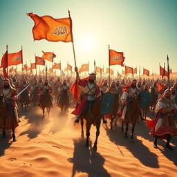 A large Arabian army arrayed in a stunning display of strength, featuring soldiers on horseback and foot, all dressed in intricately designed traditional attire with vibrant colors