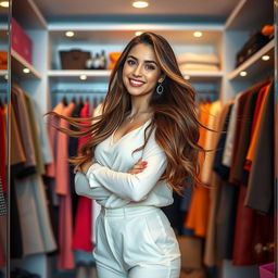 A beautiful young woman standing confidently in a stylish room, where the design elements resemble a wardrobe
