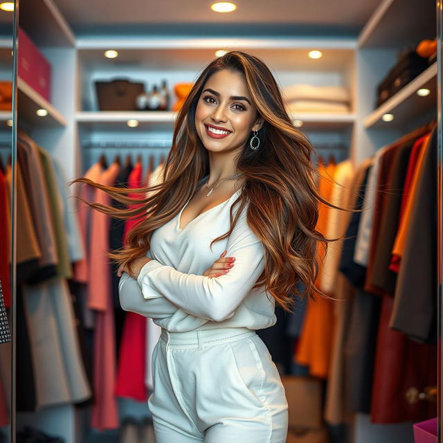 A beautiful young woman standing confidently in a stylish room, where the design elements resemble a wardrobe