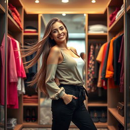 A beautiful young woman standing confidently in a stylish room, where the design elements resemble a wardrobe