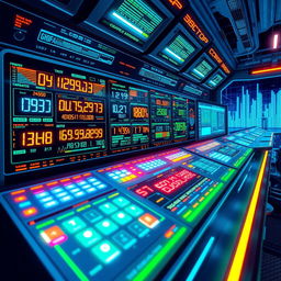 A vibrant digital artwork depicting a futuristic control panel filled with various numeric displays showcasing different values