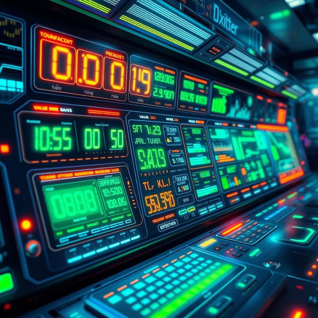 A vibrant digital artwork depicting a futuristic control panel filled with various numeric displays showcasing different values
