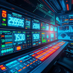 A vibrant digital artwork depicting a futuristic control panel filled with various numeric displays showcasing different values