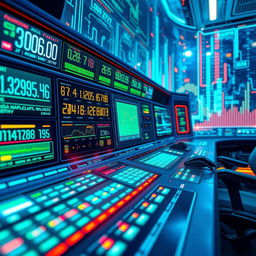A vibrant digital artwork depicting a futuristic control panel filled with various numeric displays showcasing different values