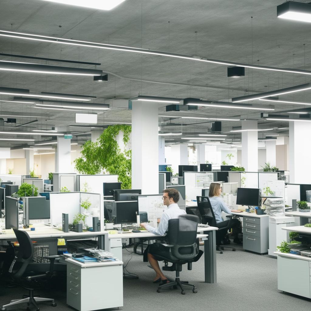 A bustling modern office space with employees engaged in various tasks. Computers, documents, and office equipment neatly arranged. An atmosphere of productivity and teamwork is evident.